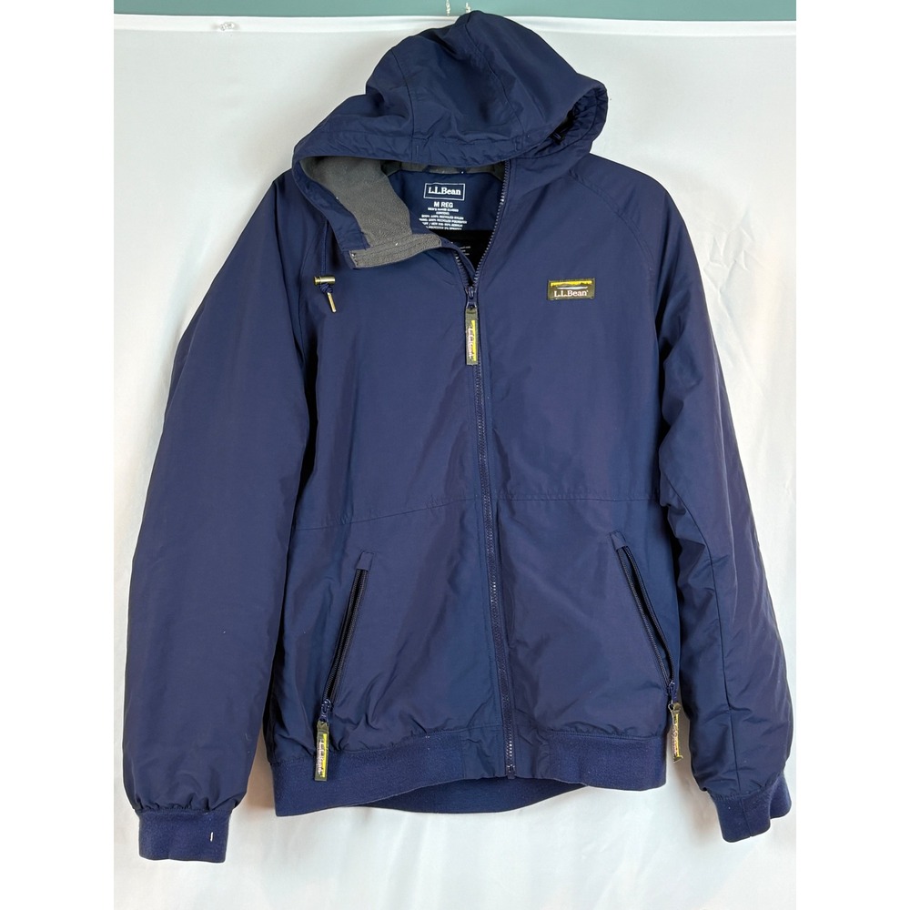 LL Bean Mens Warm-Up Jacket Navy Blue Fleece Lined Hooded Windbreaker M 514669